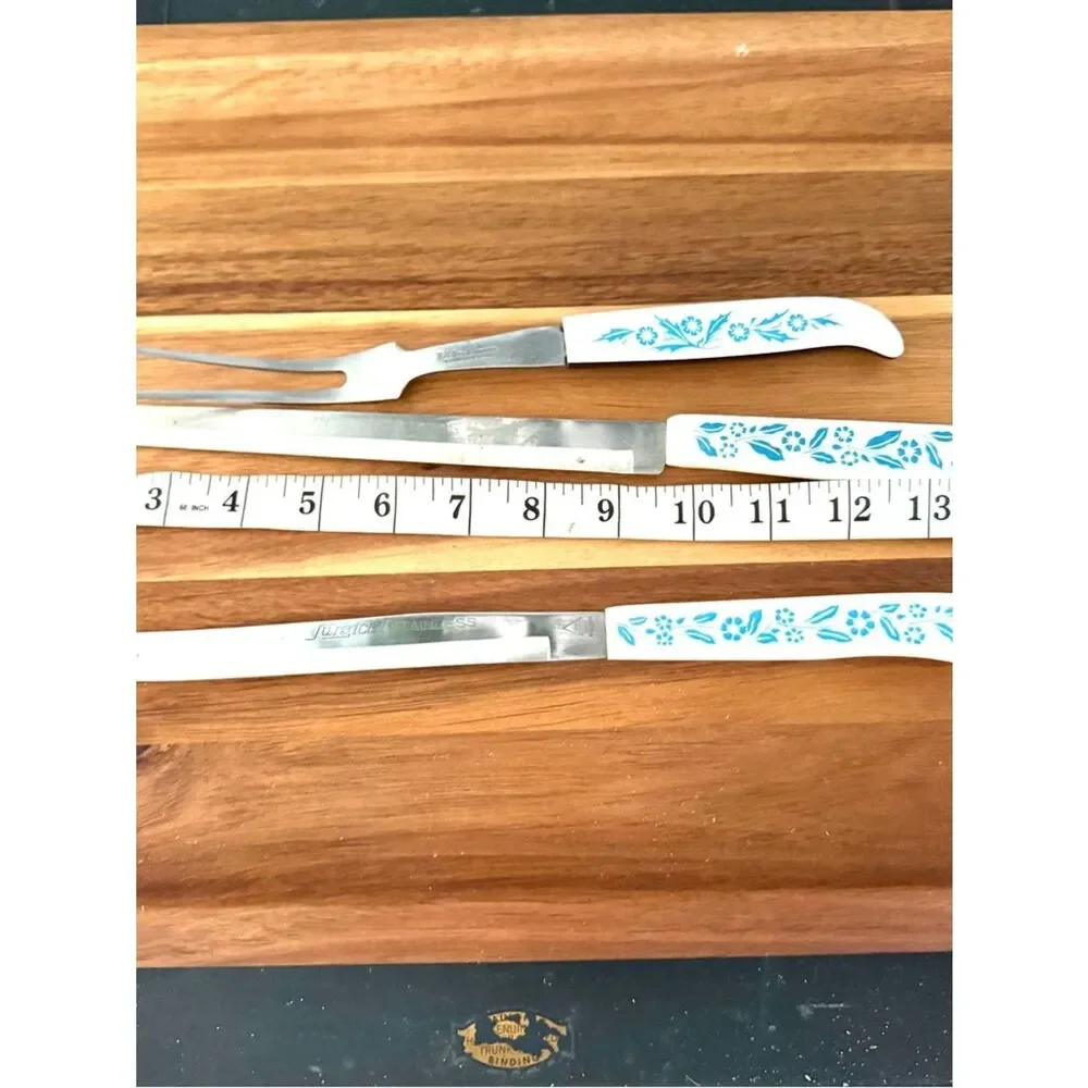 Vintage Household Surgical Stainless Knife Fork Set White Handle Blue Cornflower